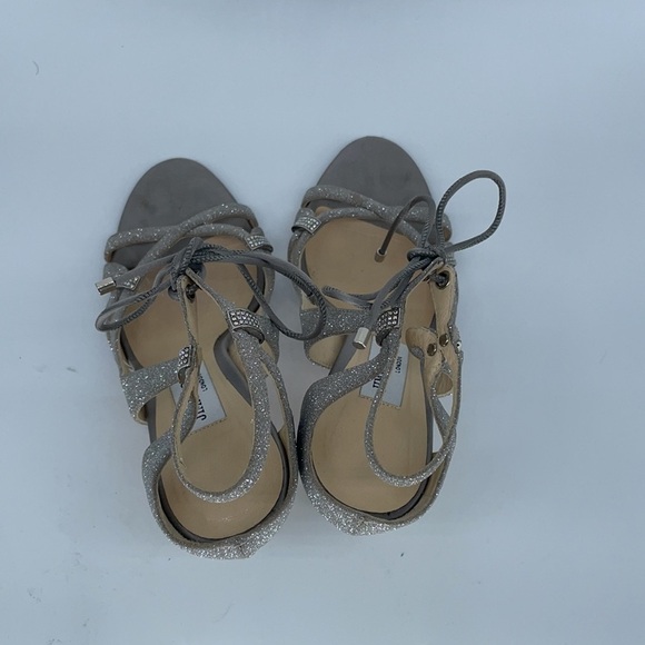 Jimmy Choo Silver Glitter Strappy rhinestone ankle tie peep toe heels 37 - Picture 9 of 9